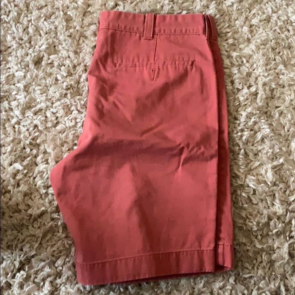 J Crew 32” Red khaki shorts, 9” inseam.